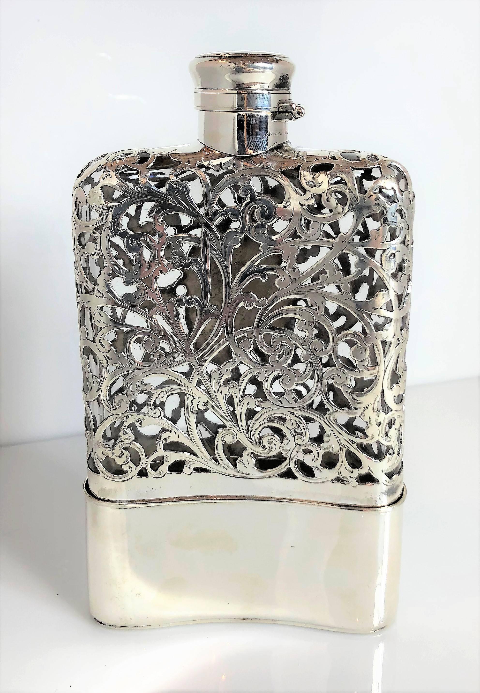 Antique American Gorham Co. sterling silver and crystal flask with gold gilt cup bottom, Kirk Patrick design.