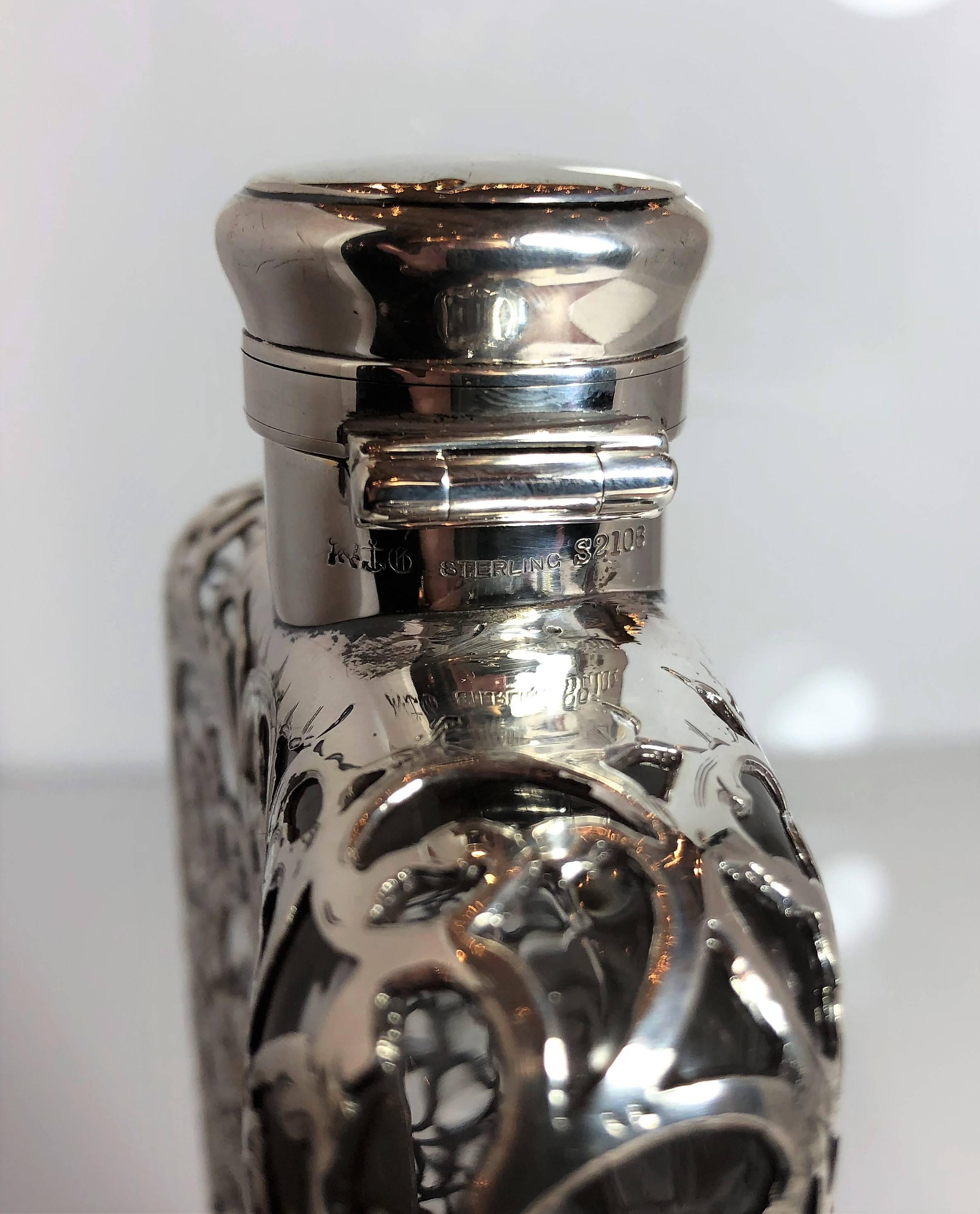 20th Century Antique American Gorham Co. Sterling Silver Crystal Flask with Gilt Cup Bottom