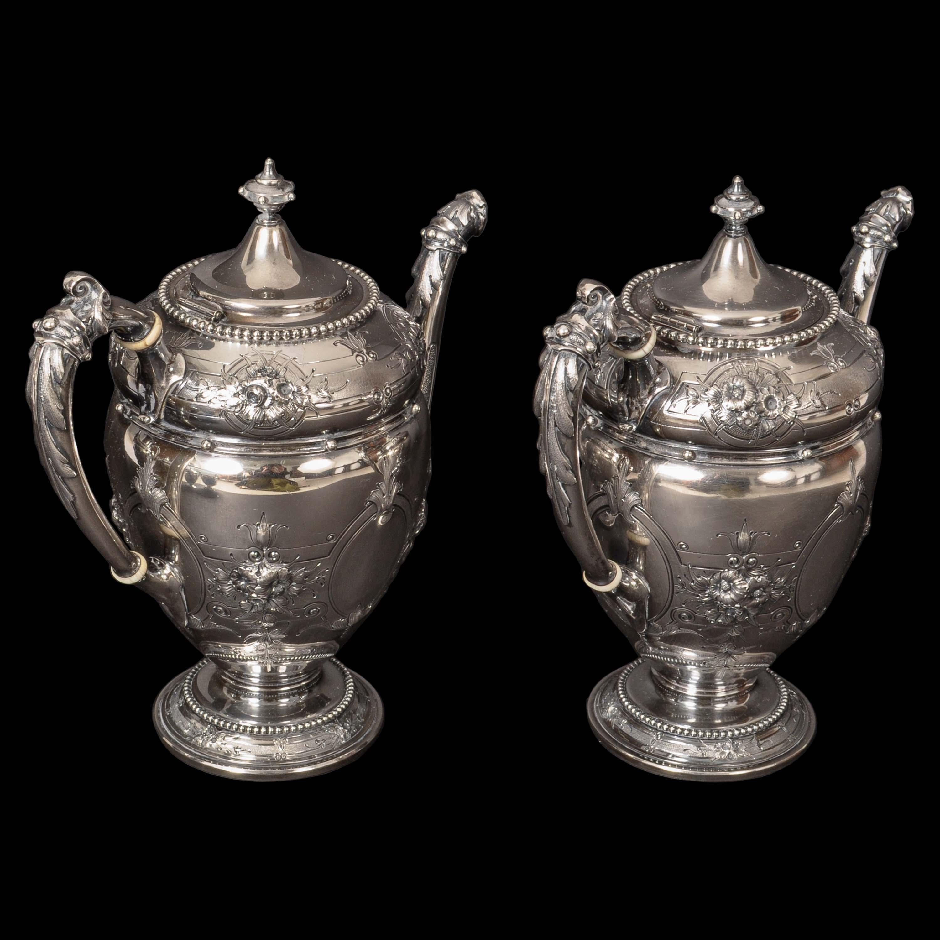 Repoussé Antique American Gorham Coin Silver Mary Todd Lincoln Tea & Coffee Service, 1861 For Sale