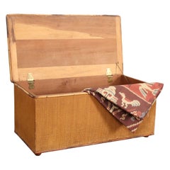 Baule antico americano in legno di cedro e bambù rivestito in tela di paglia / Baule porta-coperte