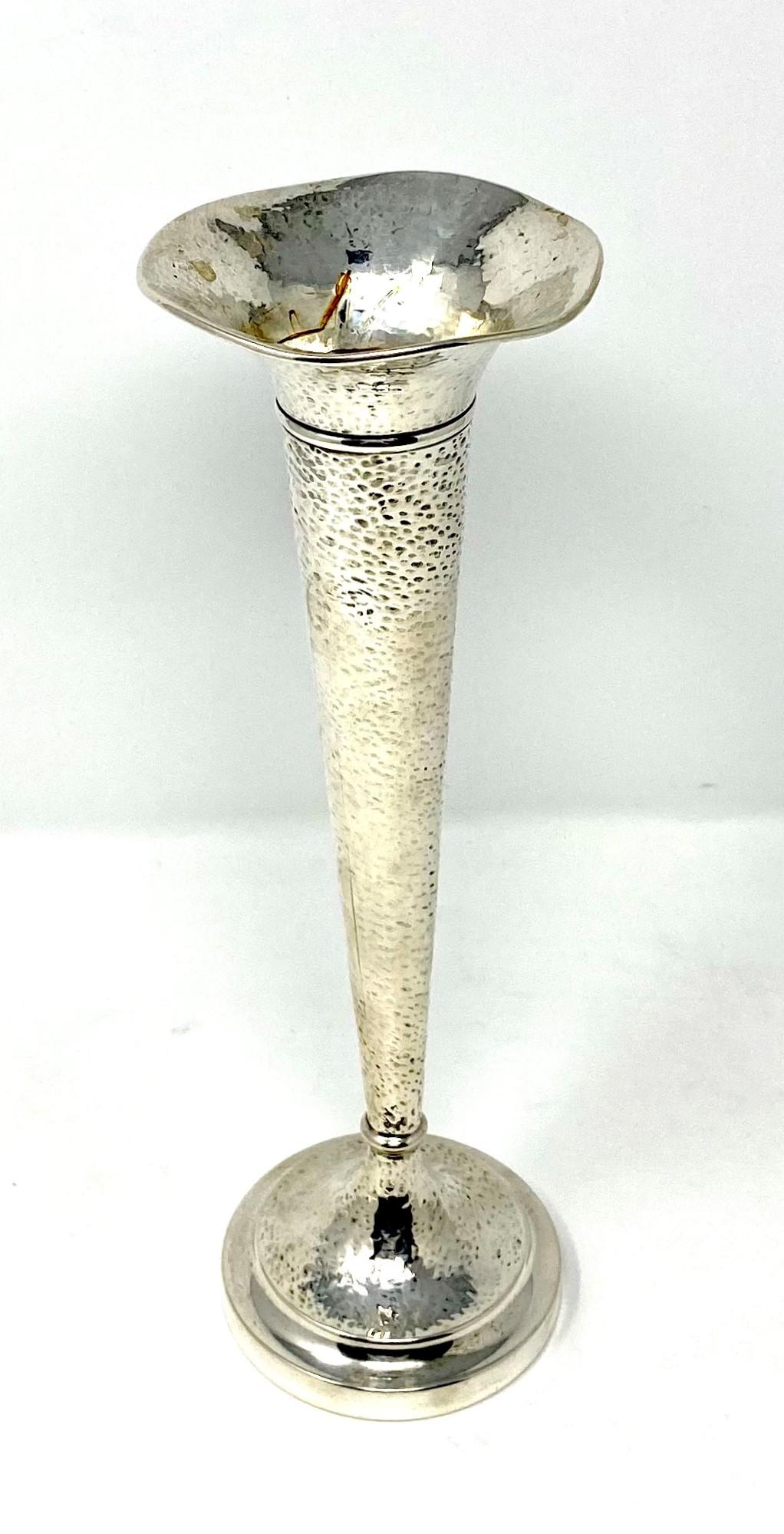 Antique American hammered sterling silver trumpet bud vase, circa 1890's.