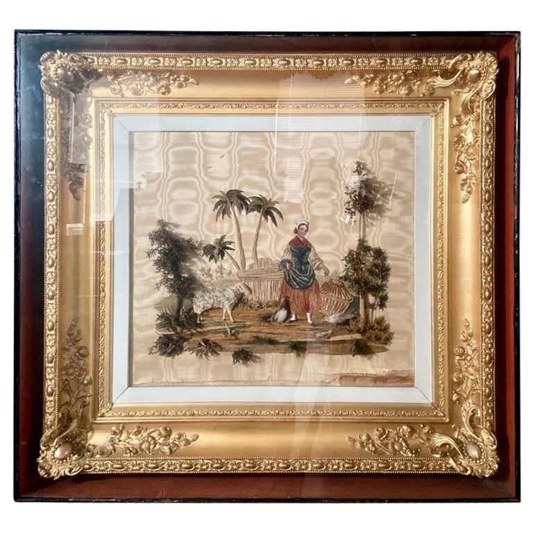 Antike, amerikanische, handbestickte, dreidimensionale Gemälde, um 1820