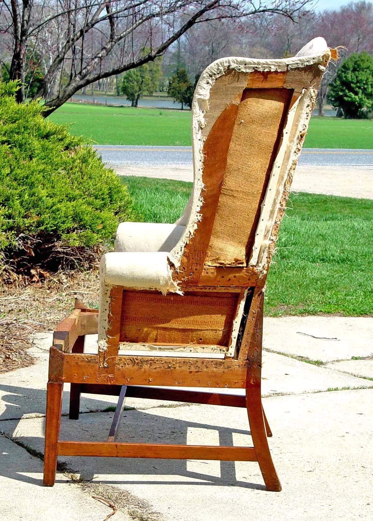 18th Century Antique American Hepplewhite New England Wing Chair Tiger Maple Frame For Sale