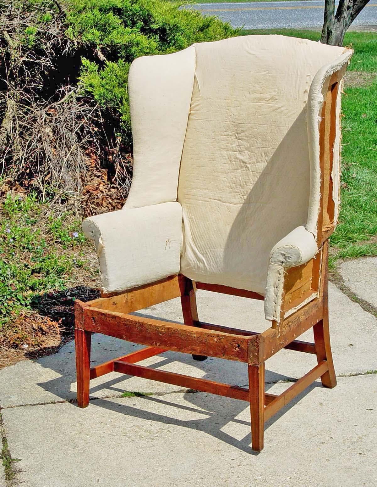 Brass Antique American Hepplewhite New England Wing Chair Tiger Maple Frame For Sale