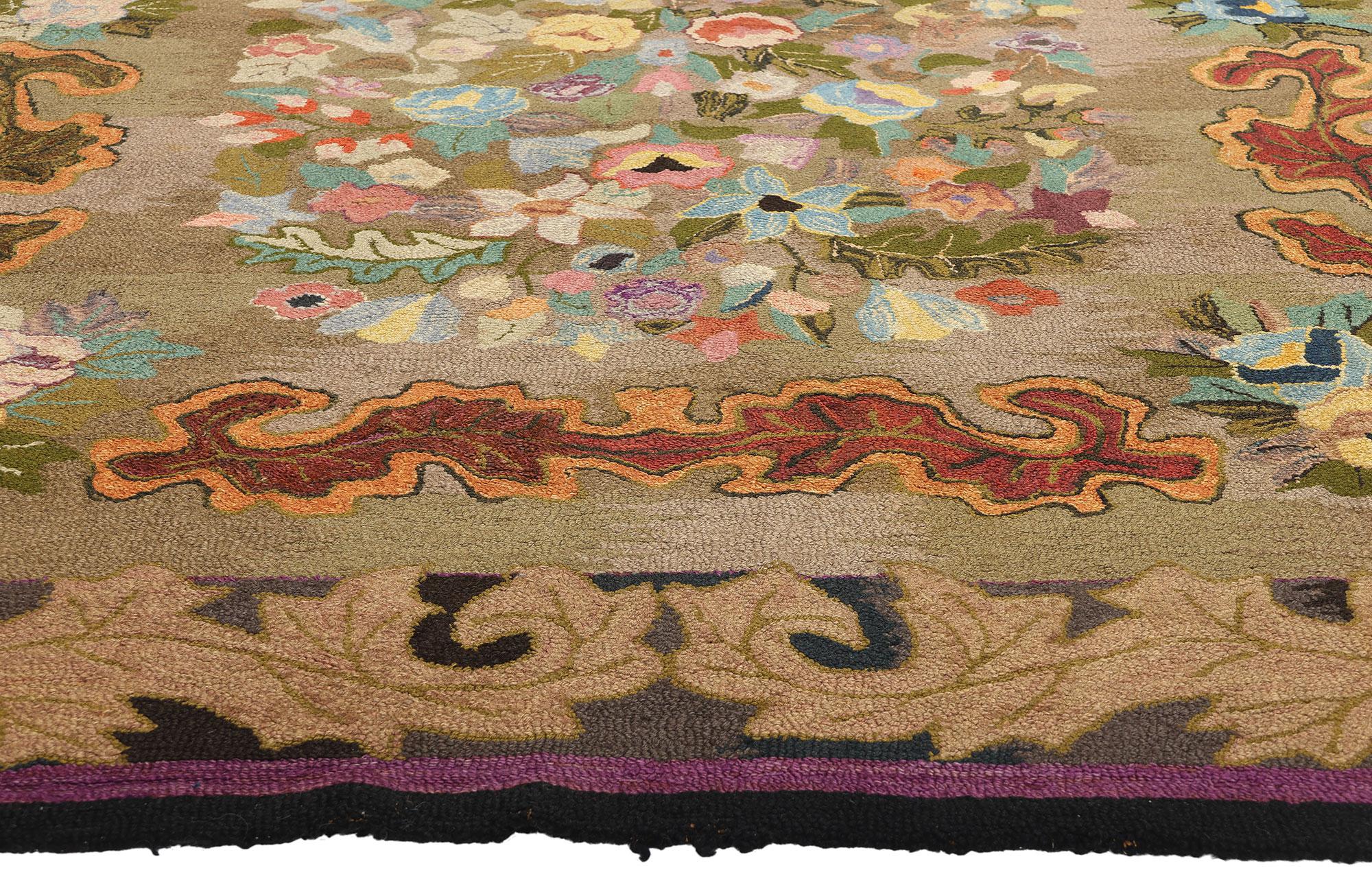 Hand-Crafted Antique American Hook Rug, Delicate Art Nouveau Meets Baroque Opulence For Sale