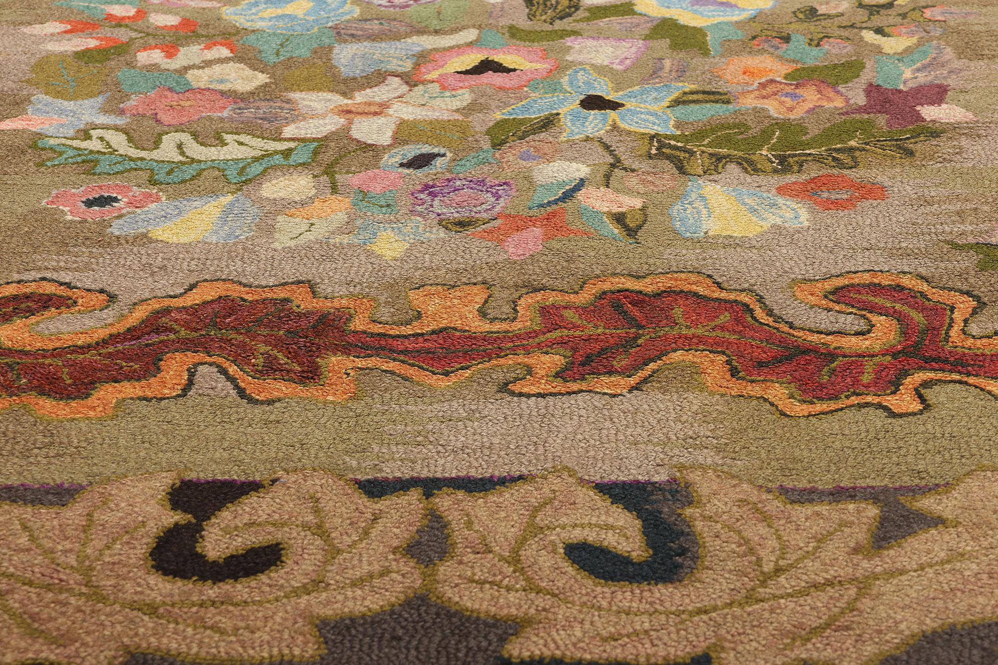 Antique American Hook Rug, Delicate Art Nouveau Meets Baroque Opulence In Distressed Condition For Sale In Dallas, TX