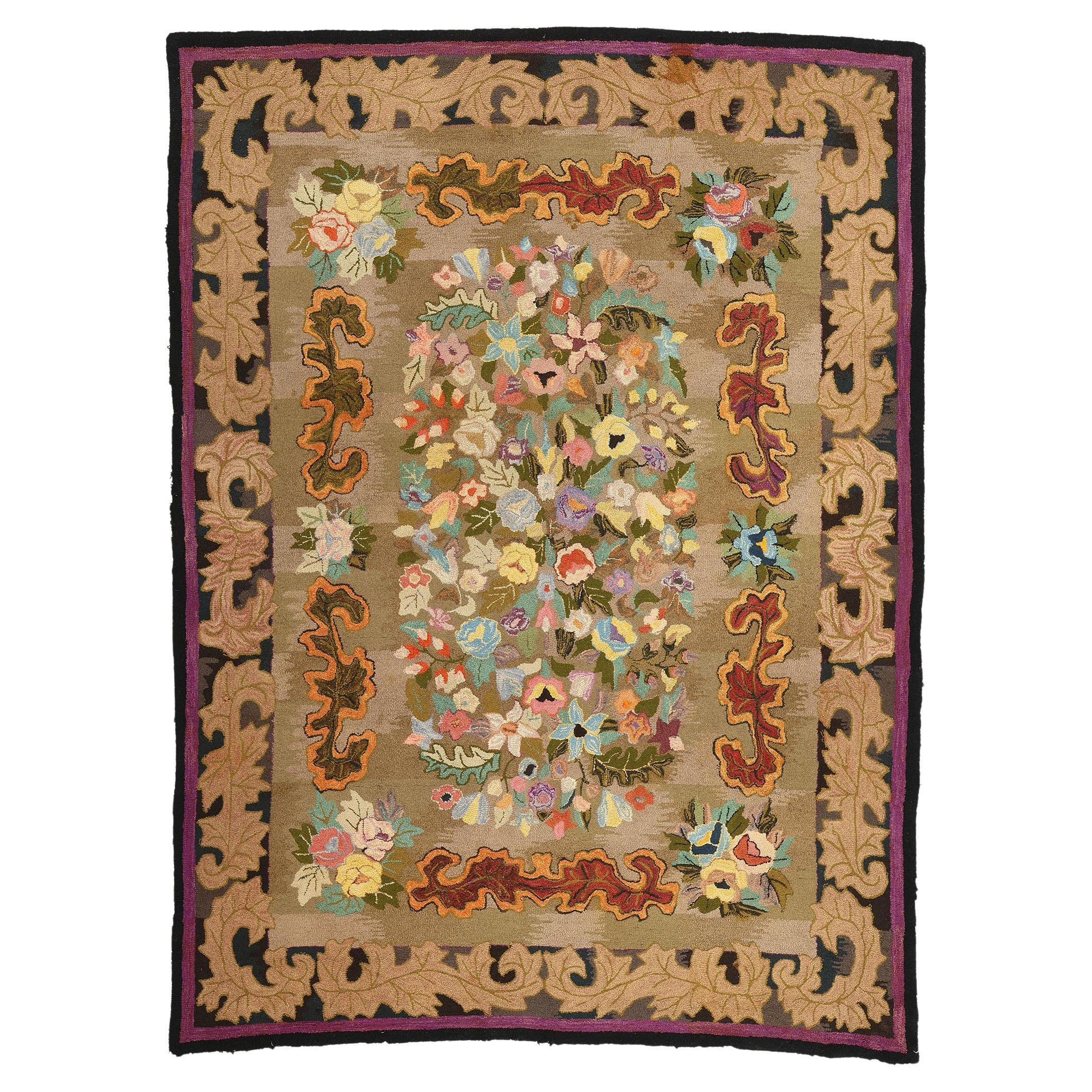 Antique American Hook Rug, Delicate Art Nouveau Meets Baroque Opulence For Sale