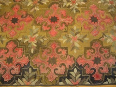 1880s Olive Geometric Folk Art Antique American Hooked Rug 7'2"x8'9" Wool Carpet