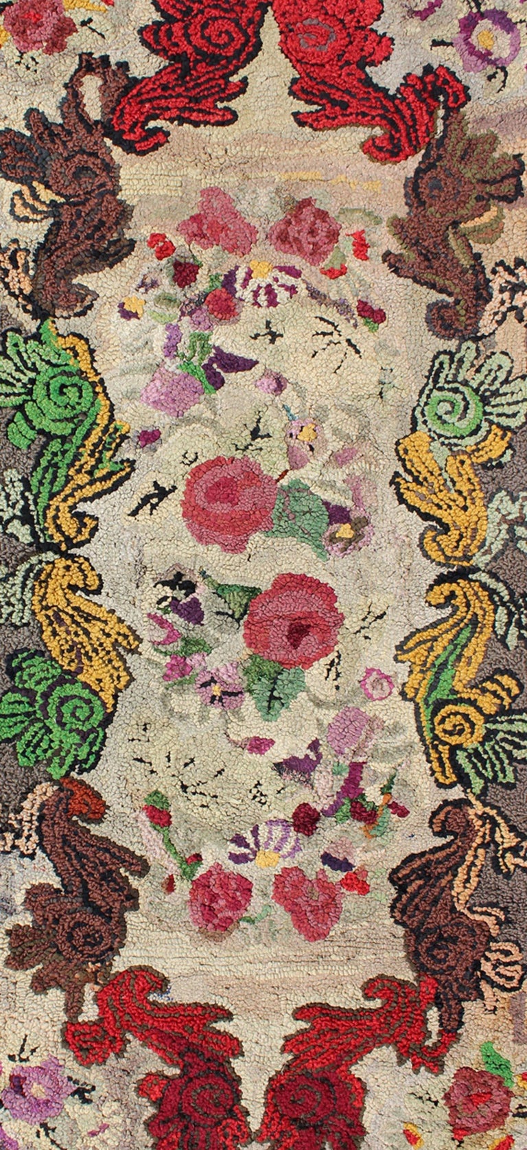 Antique American Hooked Floral Rug with Beautiful Colors Red, Green ...