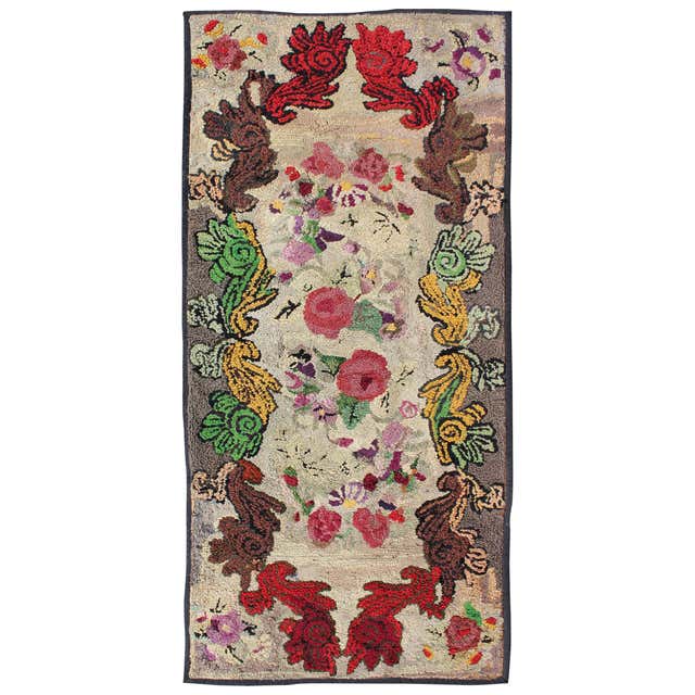 Distressed Antique American Hooked Floral Rug with Cozy Cottage ...