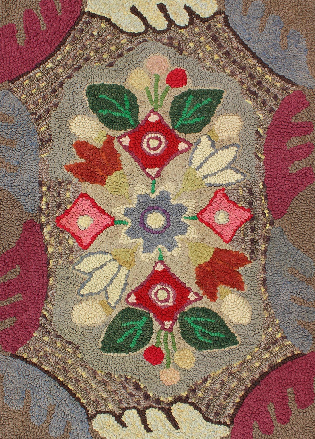 Hand-Knotted Antique American Hooked Floral Rug with Multi Colors Light Brown, Green, Yellow For Sale