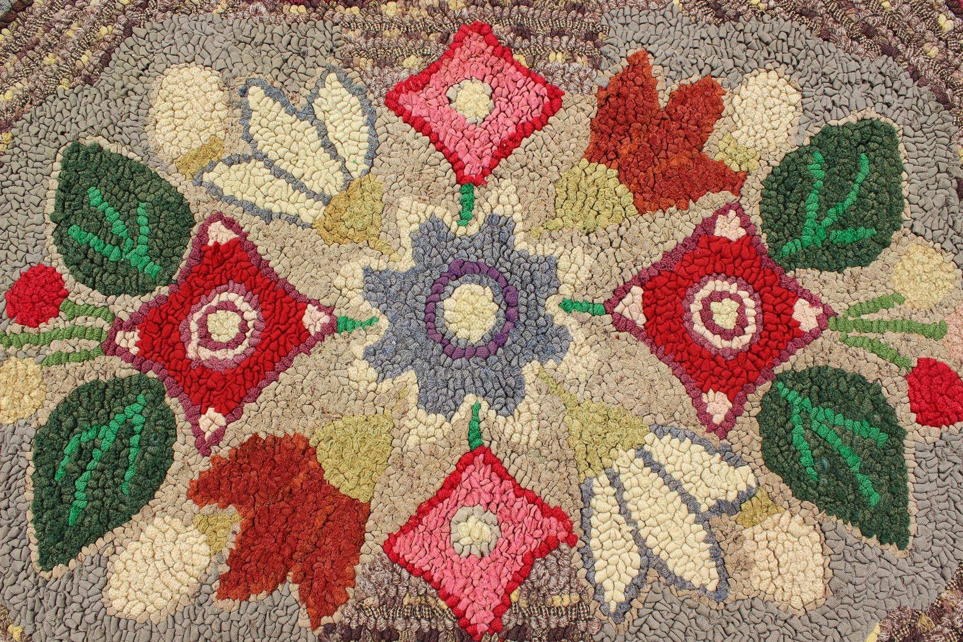 20th Century Antique American Hooked Floral Rug with Multi Colors Light Brown, Green, Yellow For Sale