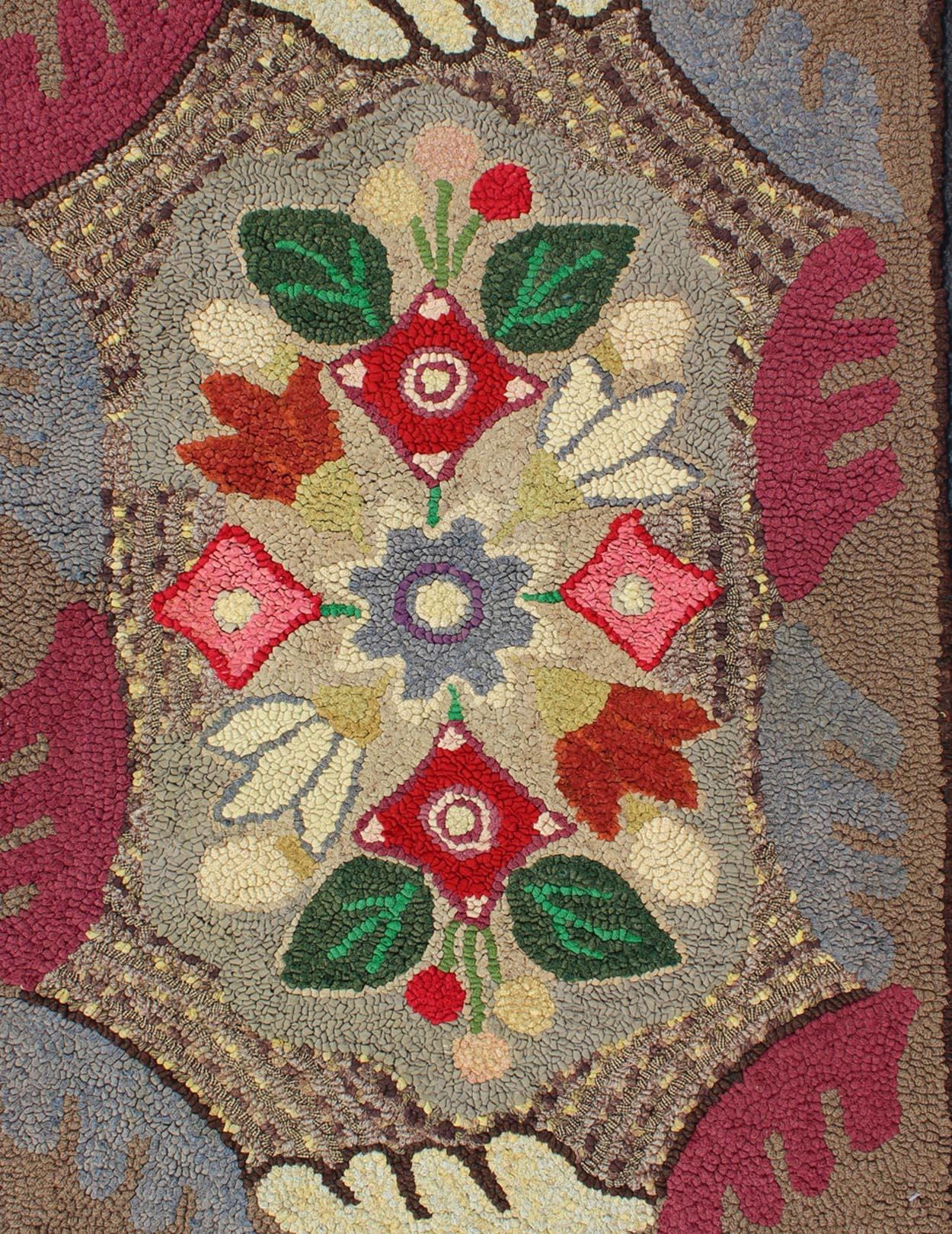 Antique American Hooked Floral Rug with Multi Colors Light Brown, Green, Yellow For Sale 1