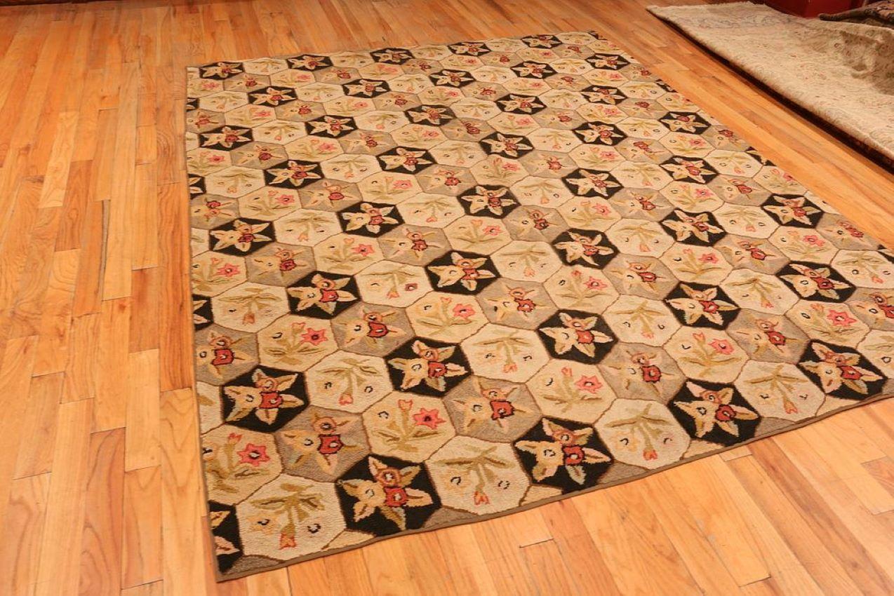 Wool Antique American Hooked Room Size Area Rug For Sale