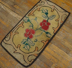 1920s Yellow Rose Folk Art American Hooked Rug 1'7" x 3' Handwoven Wool Carpet