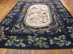 1920s Blue Floral Inlay Folk Art American Hooked Rug 10'x14'8" Woven Wool Carpet