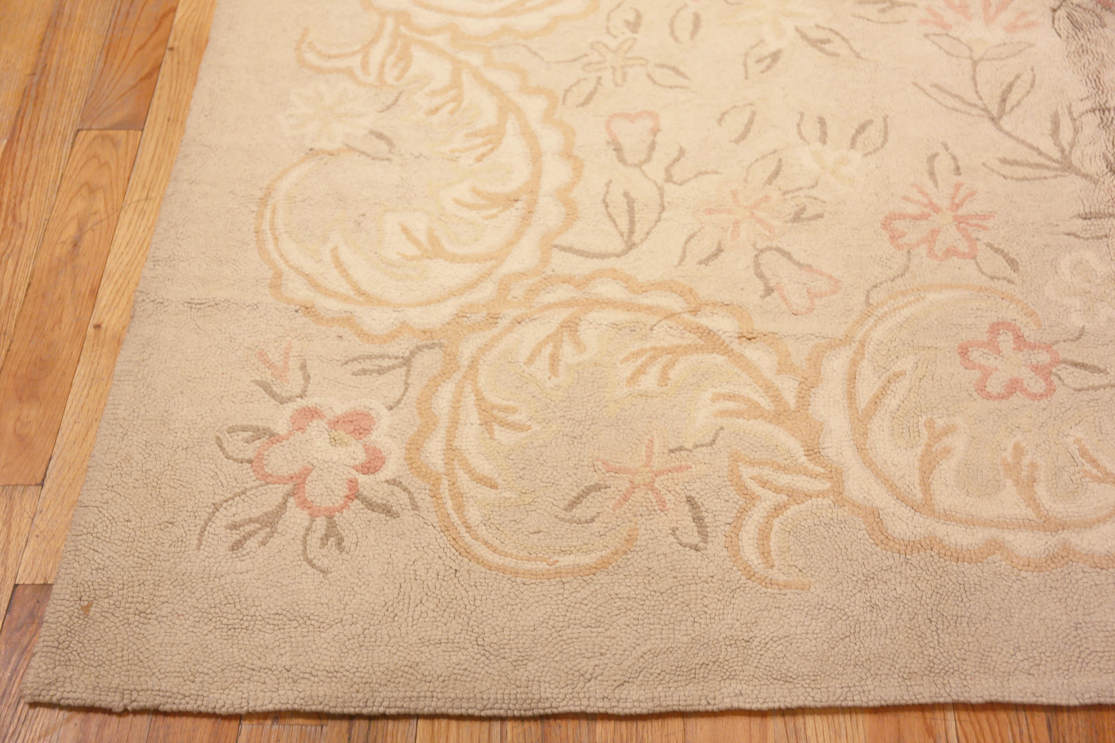 Antique America Hooked Rug that Was based Off Of A French Aubusson Carpet Design, Country of Origin: America, Circa Date: Early 20th Century – While the technique and somewhat quaint drawing of this outstanding antique hooked rug betray the