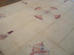 Majestic Ivory Color with Small Boats Design Vintage American Hooked Rug