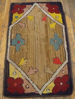 Splendid Camel Color with Multi Color Flower Design Antique American Hooked Rug