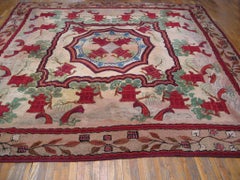 Lovely Ivory Color Floral Border Geometric Design Antique American Hooked Rug