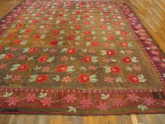 1890s Brown Roses Folk Art American Hooked Rug 11'8"x15'4" Handwoven Wool Carpet