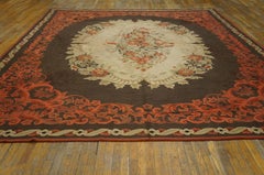1930s Brown European Folk Art Antique American Hooked Rug 11'9"x15' Wool Carpet