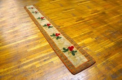 1870s Rose Folk Art Antique American Hooked Rug 1'5" x 11'4" Woven Carpet Runner