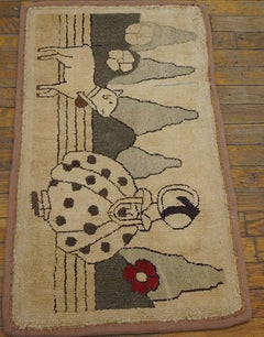 1920s Pictorial Nursery Rhyme Antique American Hooked Rug 1'6"x2'9" Folk Carpet