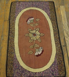 1930s Field Floral Inlay Antique American Hooked Rug 1'9"x3'0" Wool Woven Carpet