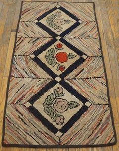 1930s Multi Diamond Folk Art Antique American Hooked Rug 2'0'' x 3'10'' Carpet