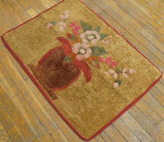 1930s Camel Vase FolkArt Antique American Hooked Rug 2'3"x3'1" Woven Wool Carpet