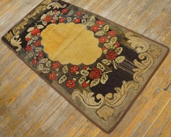 1930s Yellow Open Field Folk Art Antique American Hooked Rug 2'8''x5'0'' Carpet