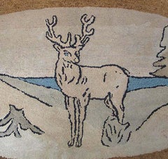 1930s Pictorial Tan Moose Antique American Hooked Rug 2'0"x3'4" Folk Art Carpet