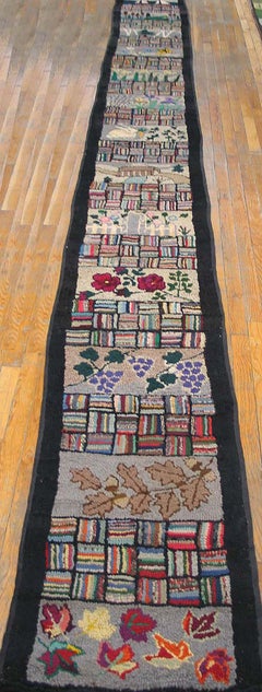 1930s Multi Scenic Pictorial Folk Art American Hooked Rug Runner 2'x19' Carpet