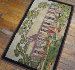 1950s Vintage Colorful Pictorial American Hooked Rug 2'1" x 3'4' Folk Art Carpet