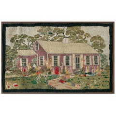 Tapis crocheté américain pictural du milieu du 20e siècle ( 2'1" x 3'4' - 64 x 102 )