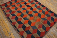 1925 Red Blue Antique Tumbling Block American Hooked Rug 2'10"x3'9" Folk Art Rug