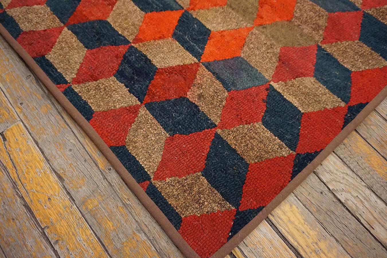 Folk Art Early 20th Century American Hooked Rug with Tumbling Block Pattern For Sale