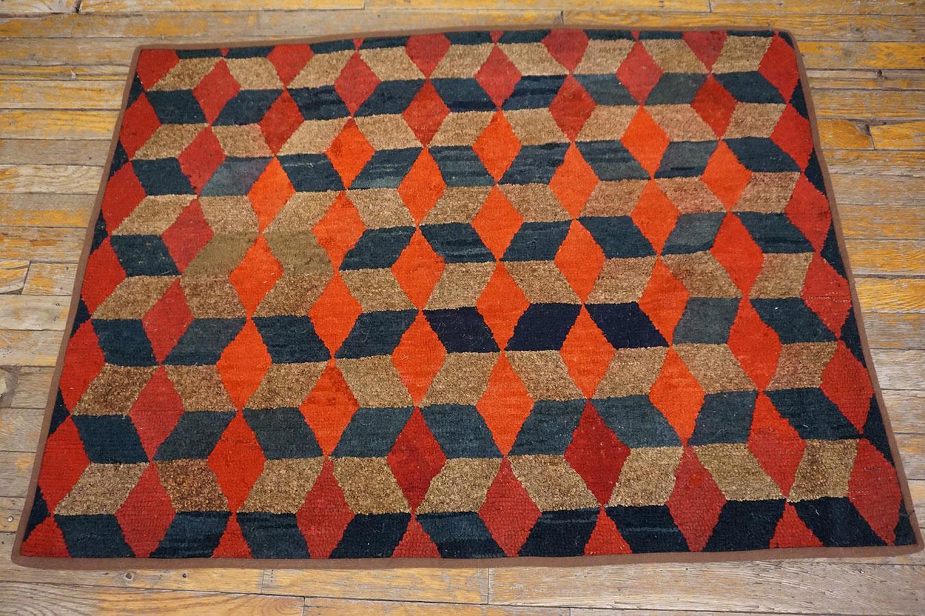 Wool Early 20th Century American Hooked Rug with Tumbling Block Pattern For Sale