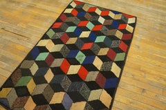 1920s Colorful Tumbling Block Antique American Hooked Rug 2'10" x 4'10" Carpet