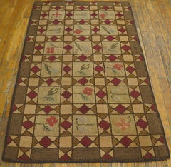 1920s Earth Tone Pink Antique American Hooked Rug 2'10" x 5'1" Folk Art Carpet