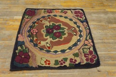 1930s Roses Floral Medallion Antique American Hooked Rug 3'0"x3'4" Wool Carpet