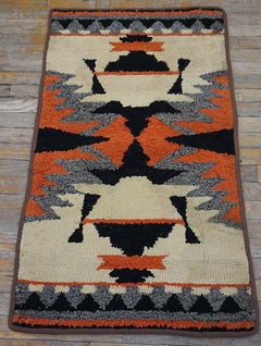 1940s Ivory Geometric Antique American Hooked Rug 2'2"x3'8" Handwoven Wool Carpe