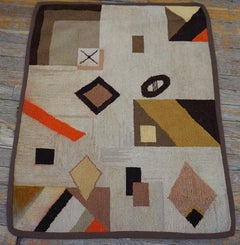 1930s Beige Abstract Antique American Hooked Rug 2'3"x2'10" Knotted Wool Carpet