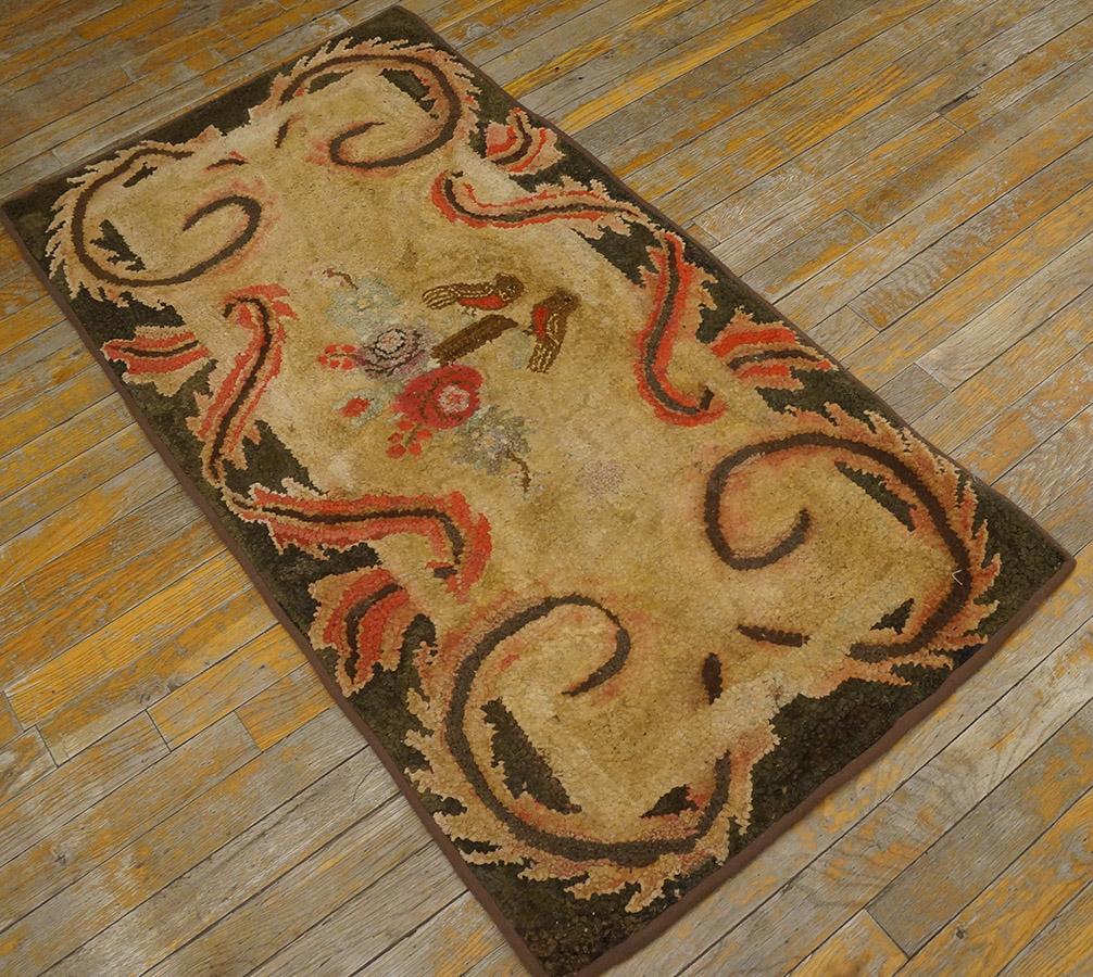 Hand-Knotted Antique American Hooked Rug 2' 3