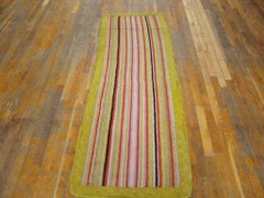 1930s Yellow Stripe Modern Antique American Hooked Rug 2'3" x 7' Woven Carpet