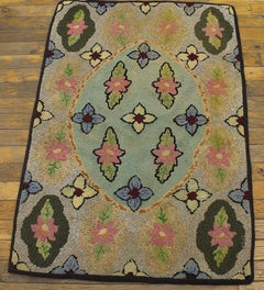 1930s Colorful Floral Medallion American Hooked Rug 2'3" x 3'3" Folk Art Carpet
