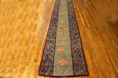 1930s Green Rose Stripe FolkArt American Hooked Rug 2'4"X18' Woven Carpet Runner