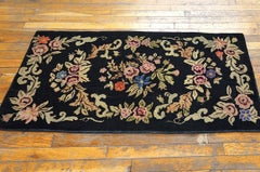 1920s Black Rose Folk Art Antique American Hooked Rug 2'4" x 4'2" Woven Carpet