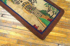 Great Ivory Color with Unique Landscape Design Antique American Hooked Rug
